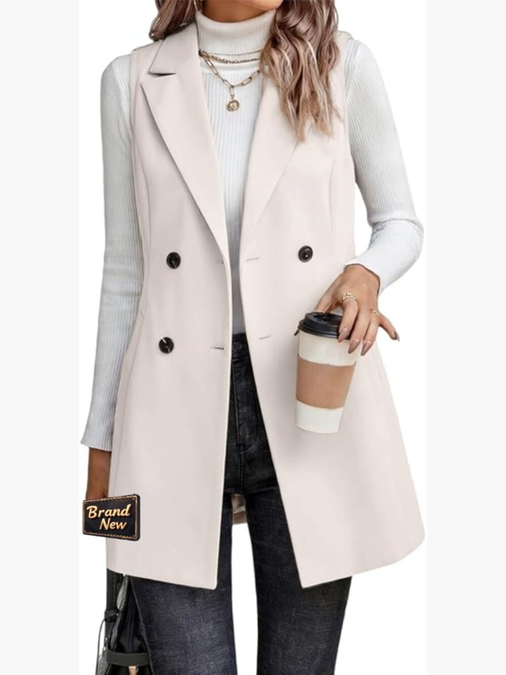 Sleeveless Tweed Blazer Vest - Long Cardigan Open Front Notch Lapel